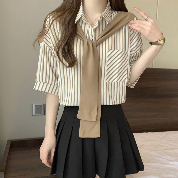 디자인 감각 레이어드 디자인 셔츠 여 루즈핏 슬림 긴팔 상의 골지 가짜 투피스 셔츠