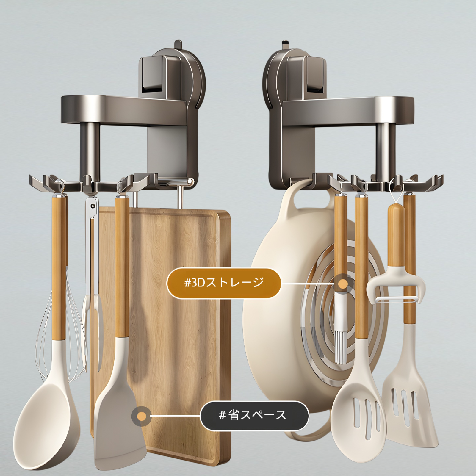 キッチンツールフック 吸盤 【360°回転可能のフック】 キッチンラック 台所ラック ABS製 強力吸着 キッチンツール収納 キッチン収納 軽量 防水防錆 壁掛け 傷つけない キッチン/バスルーム/リ