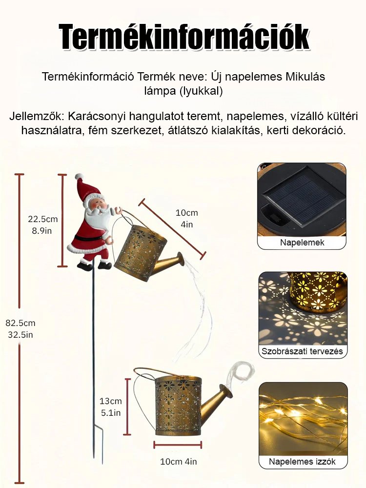Napelemes Mikulás lámpa – Vízálló LED dekoráció kertbe, udvarra (0 villanyszámla!)