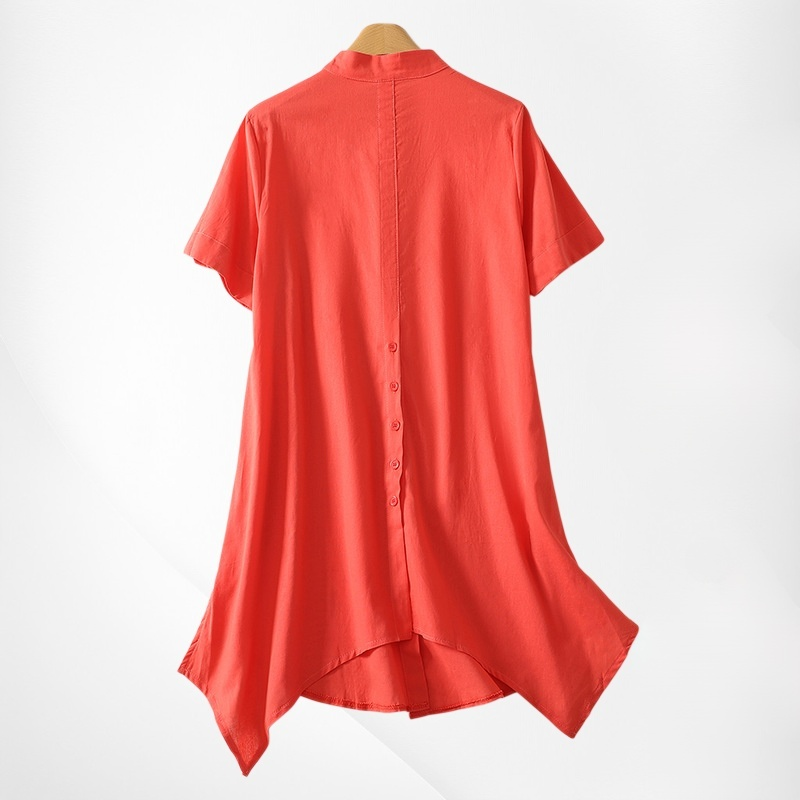 Damen Sommer Hemd 2025, Einfarbig, Locker, Stehkragen, Kurzarm, Mittellang #2606