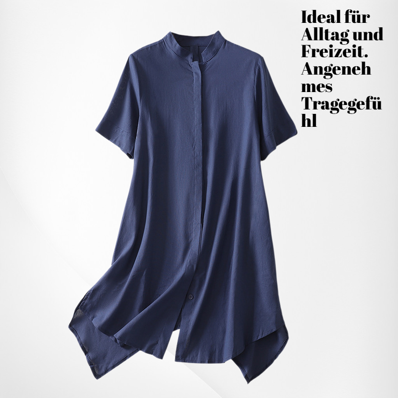 Damen Sommer Hemd 2025, Einfarbig, Locker, Stehkragen, Kurzarm, Mittellang #2606