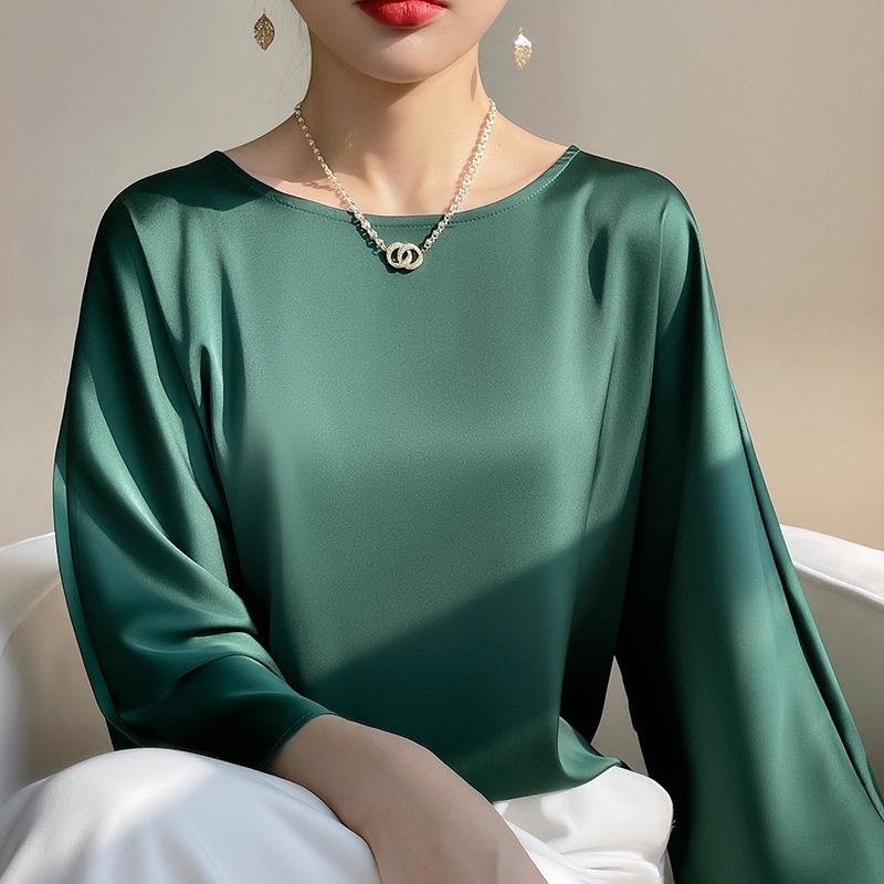 실크 뽕나무 실크 패션 상의 반팔 티셔츠 여 여름 코디 초산 새틴 반팔 상의 얇은 디자인감
