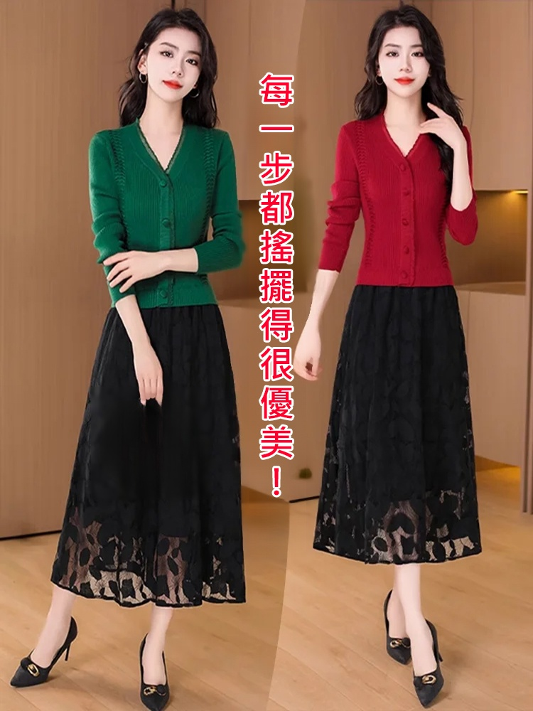 假兩件針織羊絨拼接洋裝