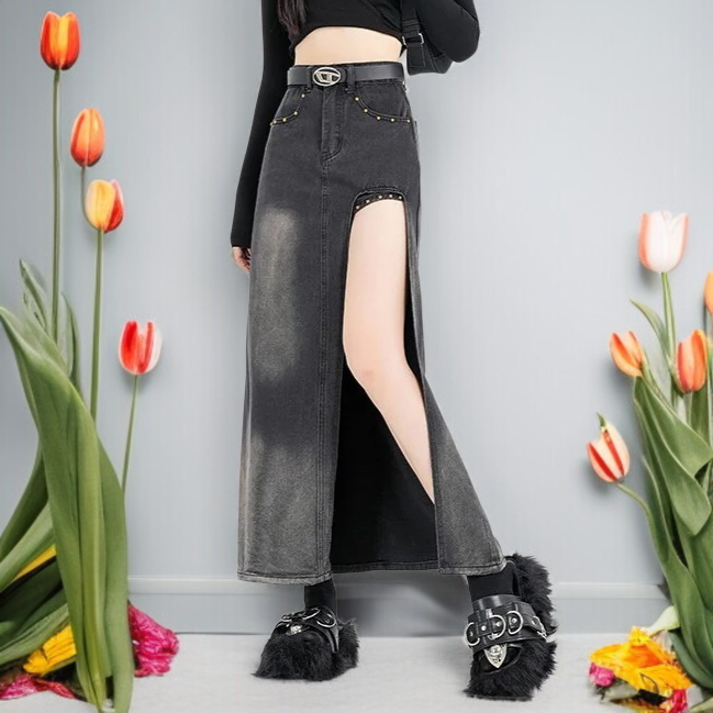 여성 슬림핏 데님 스커트 트임 디자인 하이웨스트 패션 데님 스커트 빈티지 스파이시 데님 스커트