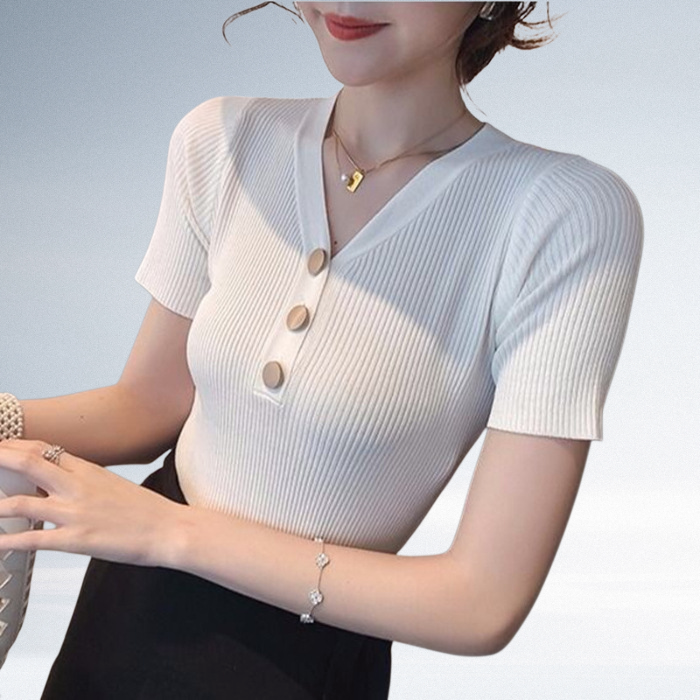 レディース 夏 薄手アイスVネックニット 半袖インナーシャツ
