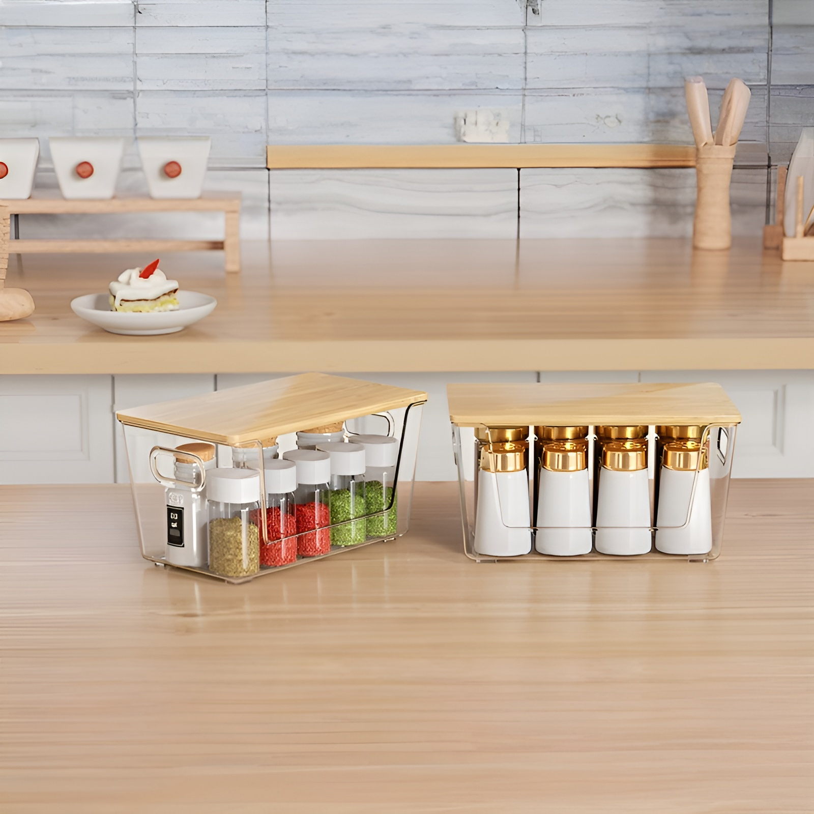 大容量の竹製カバーPET収納ボックスデスクトップ多層収納ラック透明大型多機能家庭用収納ボックス