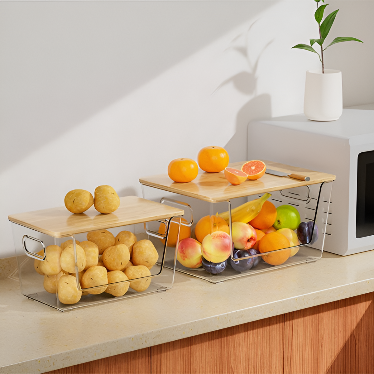 大容量の竹製カバーPET収納ボックスデスクトップ多層収納ラック透明大型多機能家庭用収納ボックス