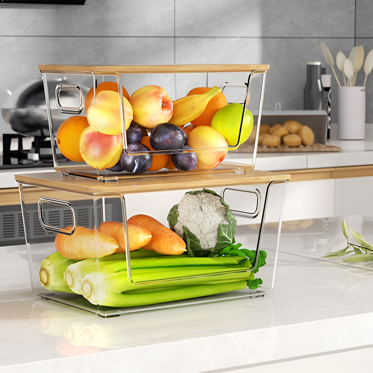 멀티 데스크 라지 수납함 대용량 다용도 가정용 투명 대나무 뚜껑 수납함