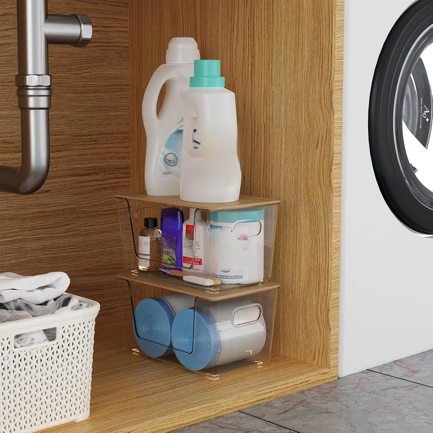 大容量の竹製カバーPET収納ボックスデスクトップ多層収納ラック透明大型多機能家庭用収納ボックス