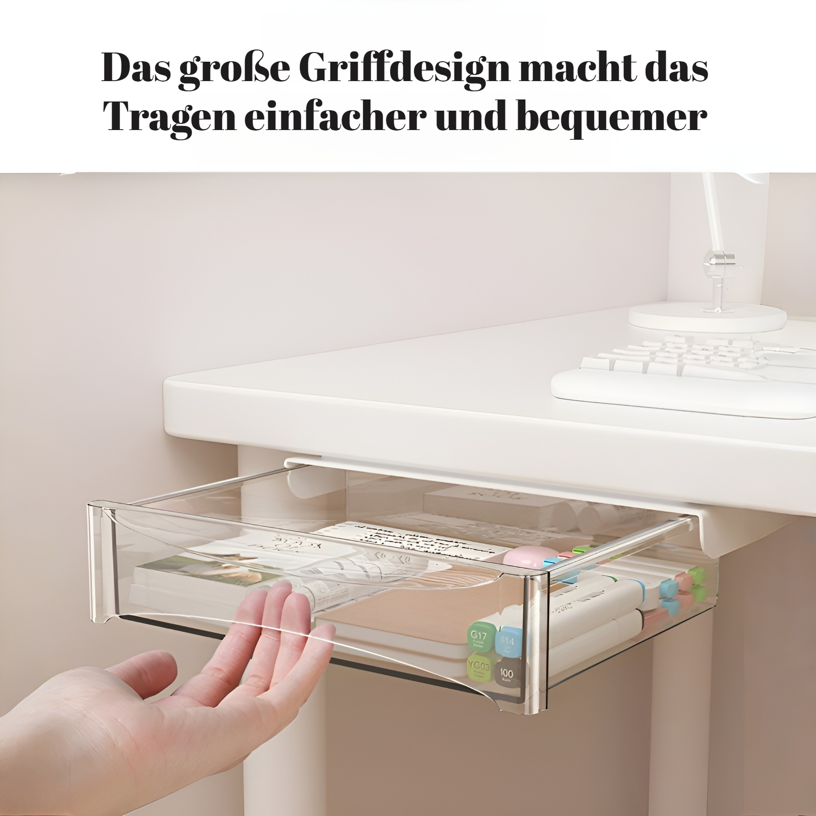 Die Schublade unter dem Tisch verfügt über einen Balken, der ohne Nägel oder Stanzen angehoben werde