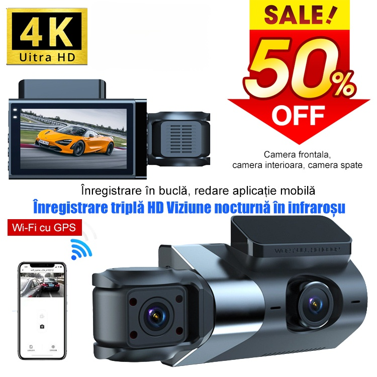 Recorder auto HD WiFi cu trei înregistrări