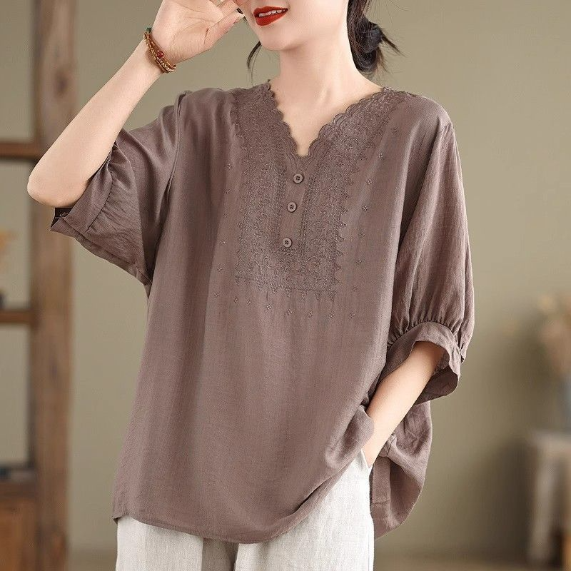 ゆったりレトロ大きめサイズVネック半袖シャツ女性用