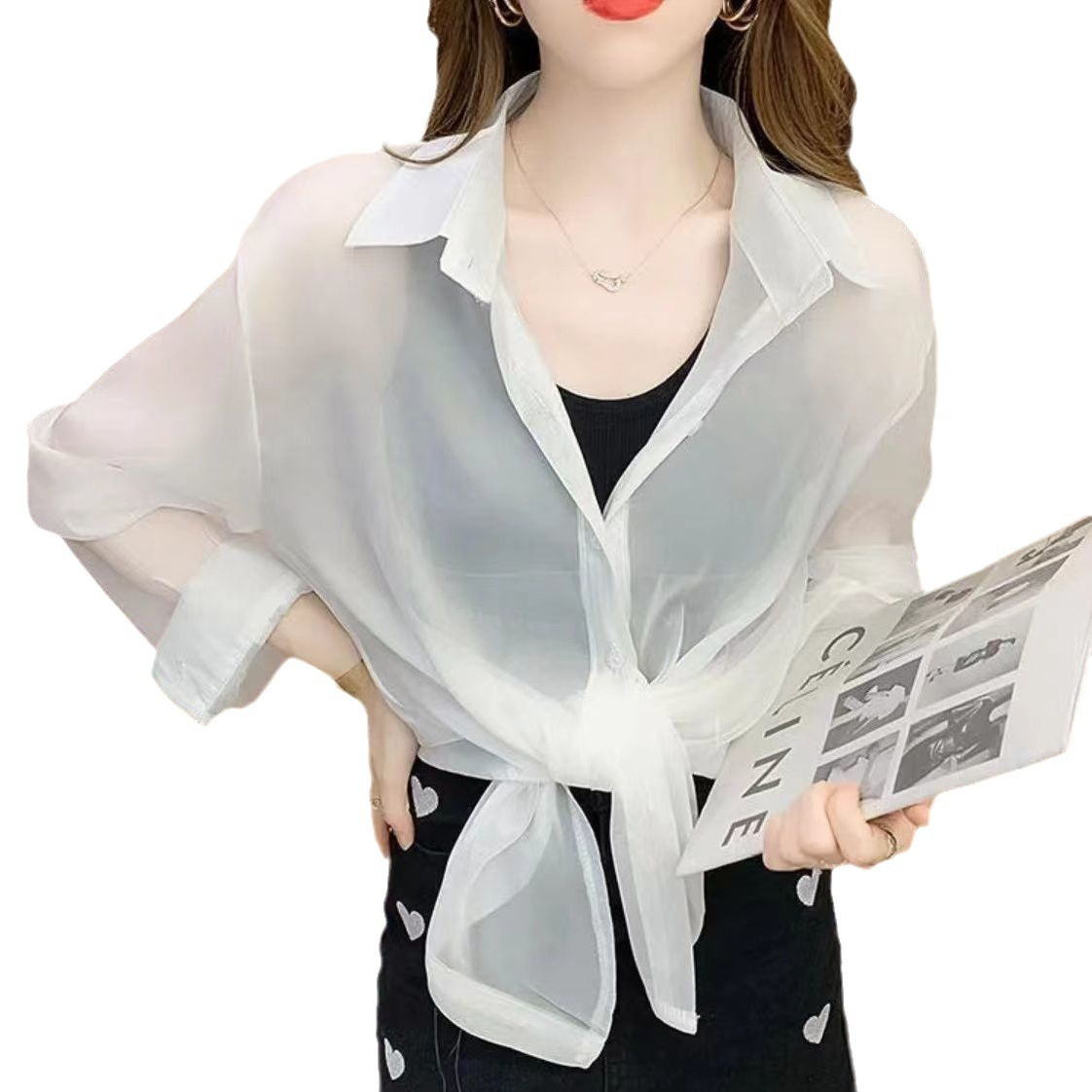 夏の女性の薄い長袖ブラウスカジュアルブラウス日焼け止めシャツ サマーシャツ薄手の日焼け止めカジュアルトップス