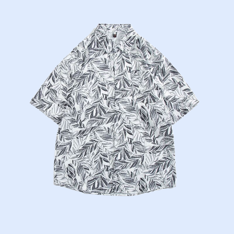 2025 여름 남녀공용 한류 나뭇잎 프린트 루즈핏 반팔 셔츠, 해변용 플라워 셔츠