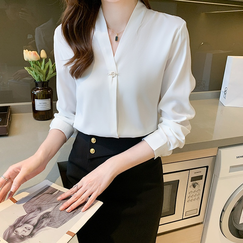 여성 화이트 긴팔 작업복 브이넥 긴팔 셔츠 패션 기질 정장 화이트 셔츠 여
