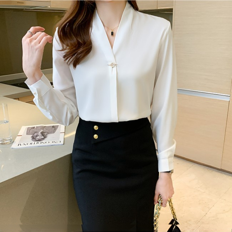 여성 화이트 긴팔 작업복 브이넥 긴팔 셔츠 패션 기질 정장 화이트 셔츠 여