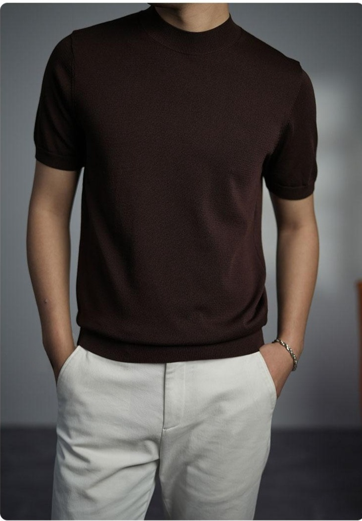 高品質インポート糸のメンズニットTシャツ素材拡大写真