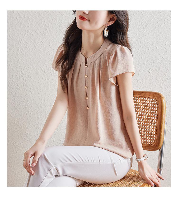 여성 통근 반팔 셔츠 슬림 라운드 반팔 셔츠 통근녀 반팔 셔츠