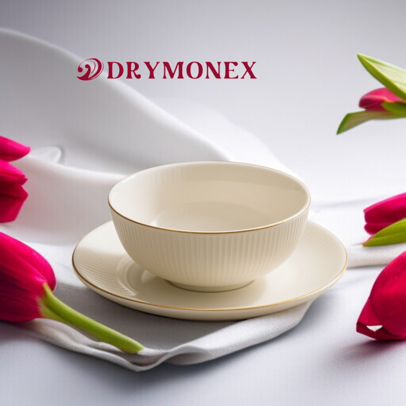 純白のボーンチャイナのボウルとプレートのセット