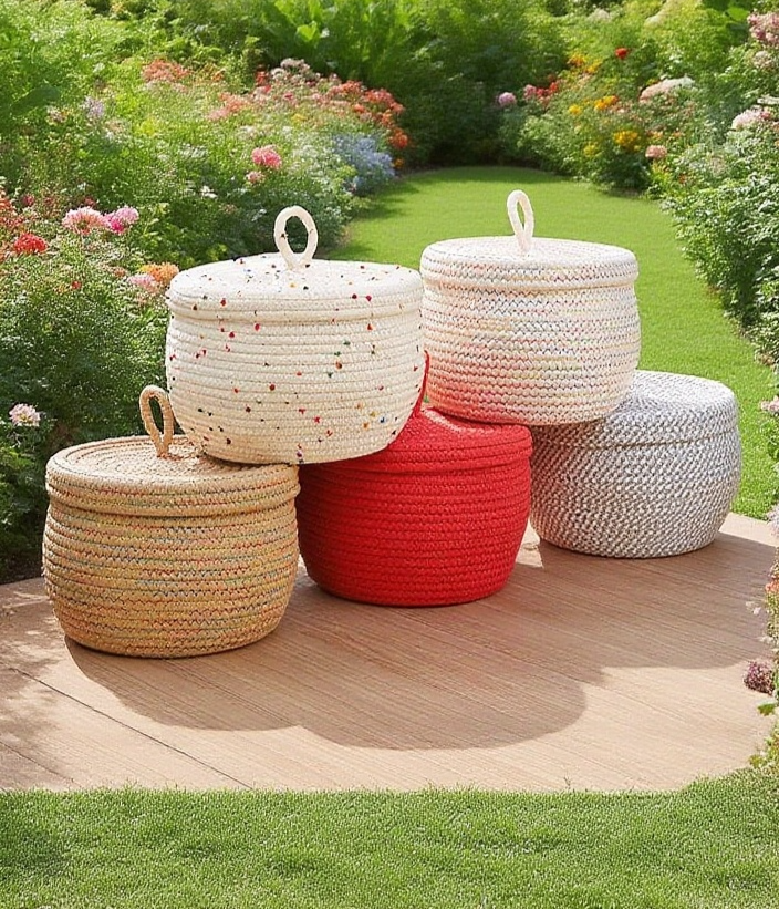 圓形編織帶蓋收納筐主視圖