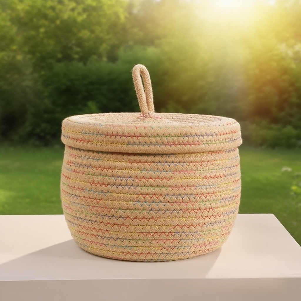 圓形編織帶蓋收納筐