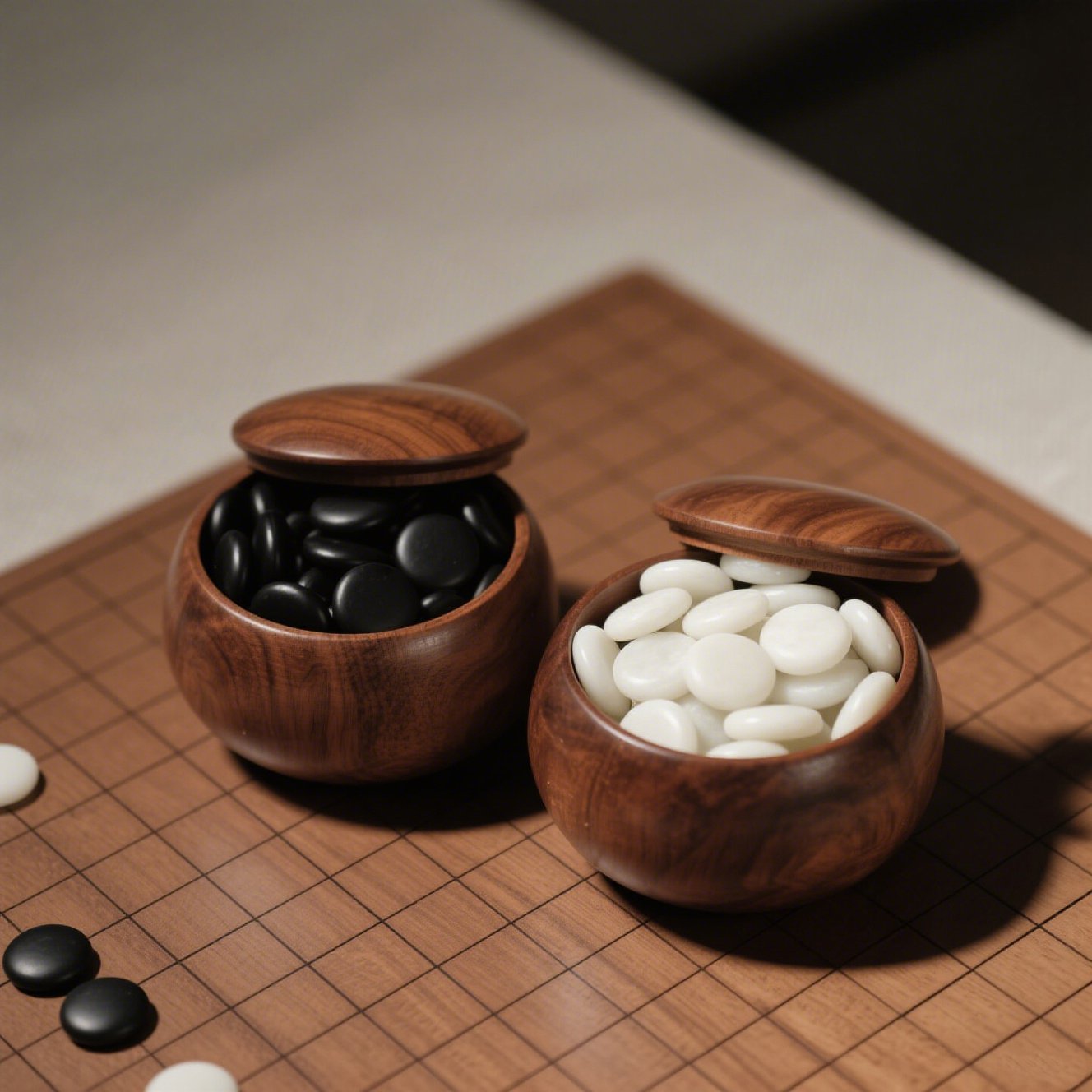 Go-Spielbrett und schwarze und weiße Go-Steine