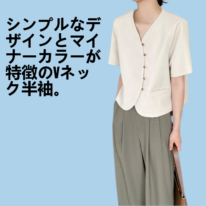デザイン感マイナーピュアカラーvネック半袖