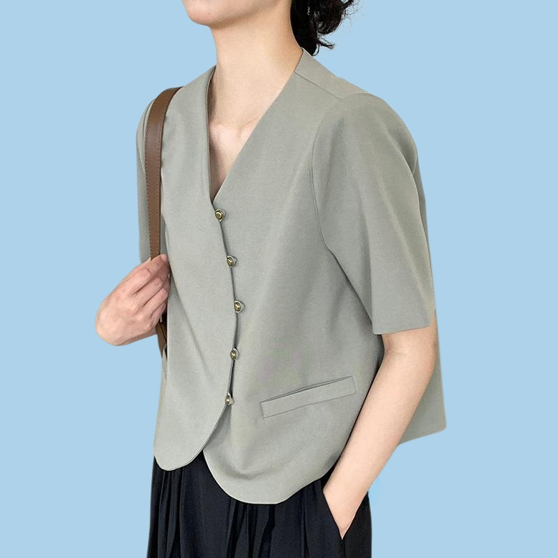 デザイン感マイナーピュアカラーvネック半袖