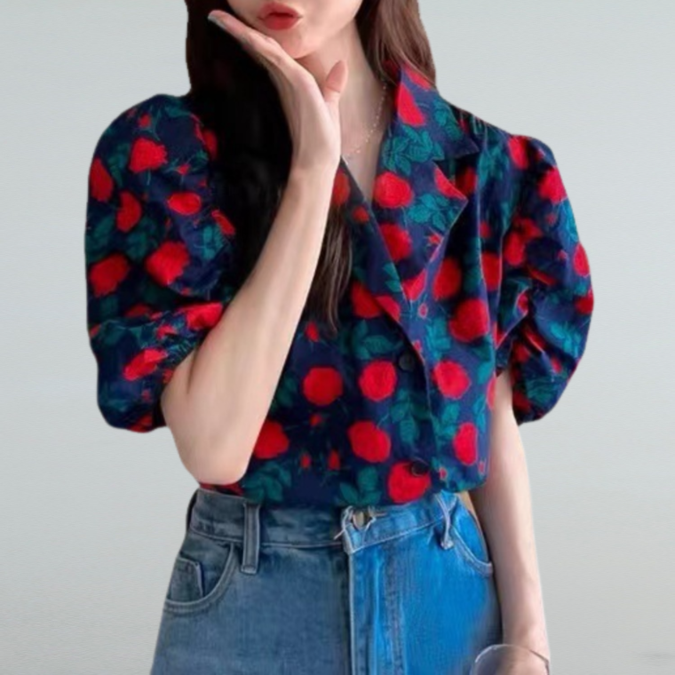 장미 셔츠 여름 빈티지 패션 버블 소매 상의 루즈한 반팔 셔츠 여풍