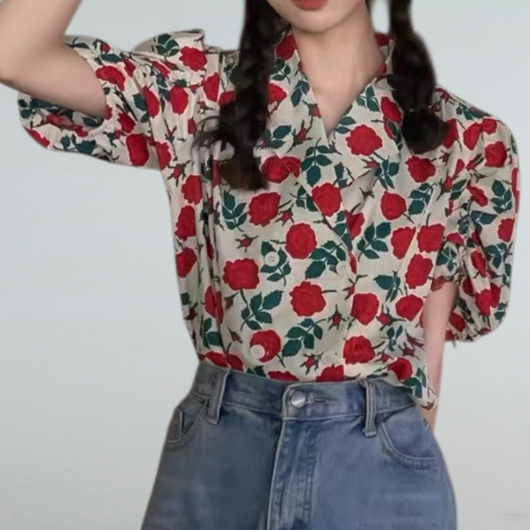 장미 셔츠 여름 빈티지 패션 버블 소매 상의 루즈한 반팔 셔츠 여풍