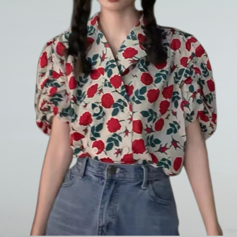 장미 셔츠 여름 빈티지 패션 버블 소매 상의 루즈한 반팔 셔츠 여풍