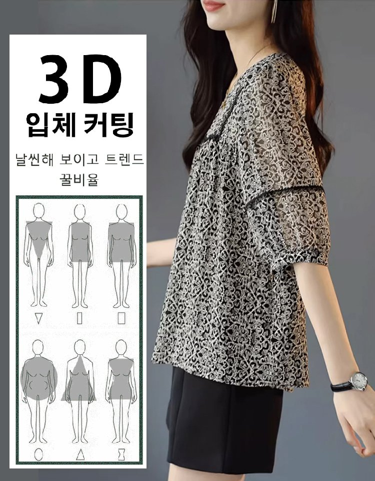 레이스 배색 프린트 쉬폰 블라우스