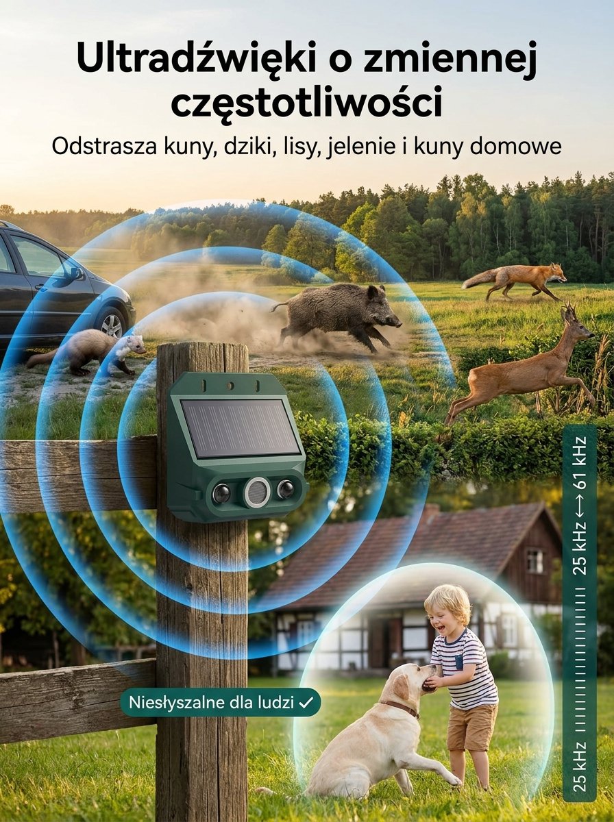 Solarny ultradźwiękowy odstraszacz ptaków i zwierząt