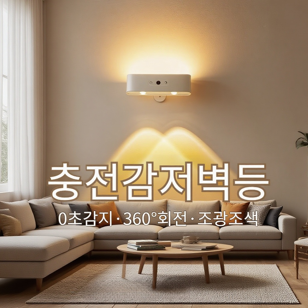 침대 머리맡 무선 리모컨 센서등, 무타공 자석 충전 무드등