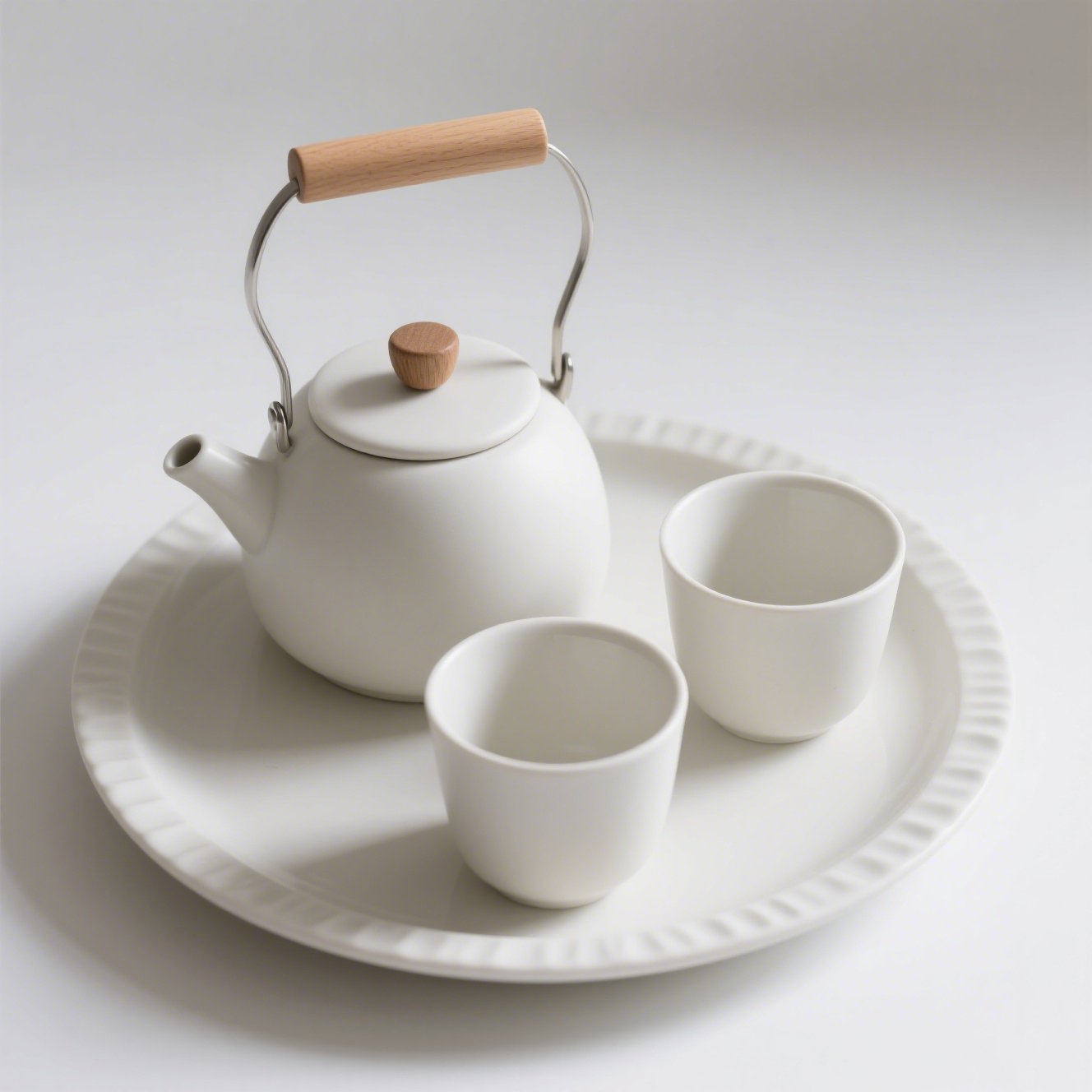 Čistě bílý porcelánový set: konvice, šálek a talíř