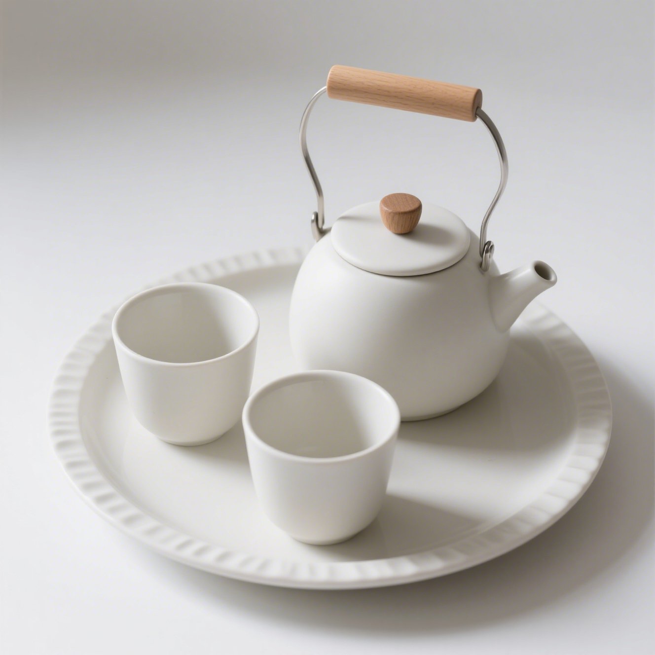 Čistě bílý porcelánový set: konvice, šálek a talíř