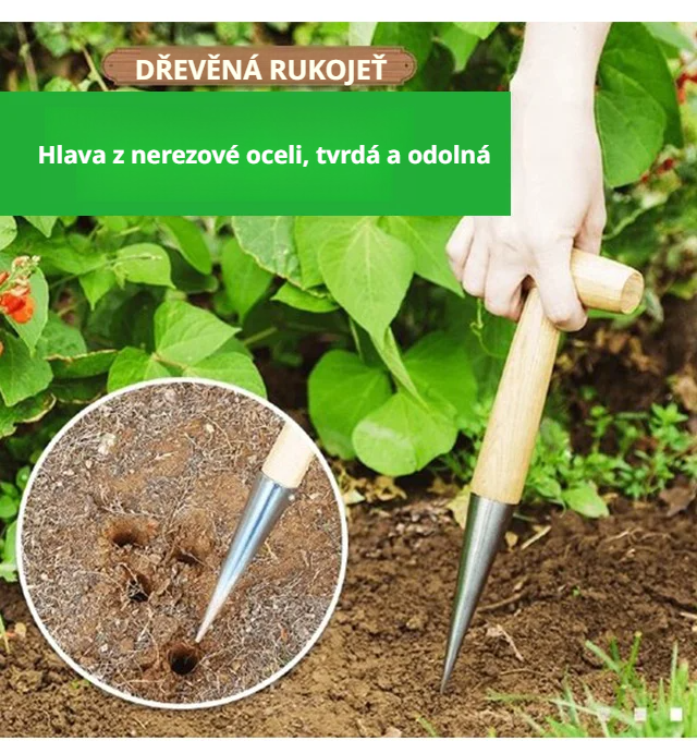 Detail zahradního sázecího kolíku v ruce