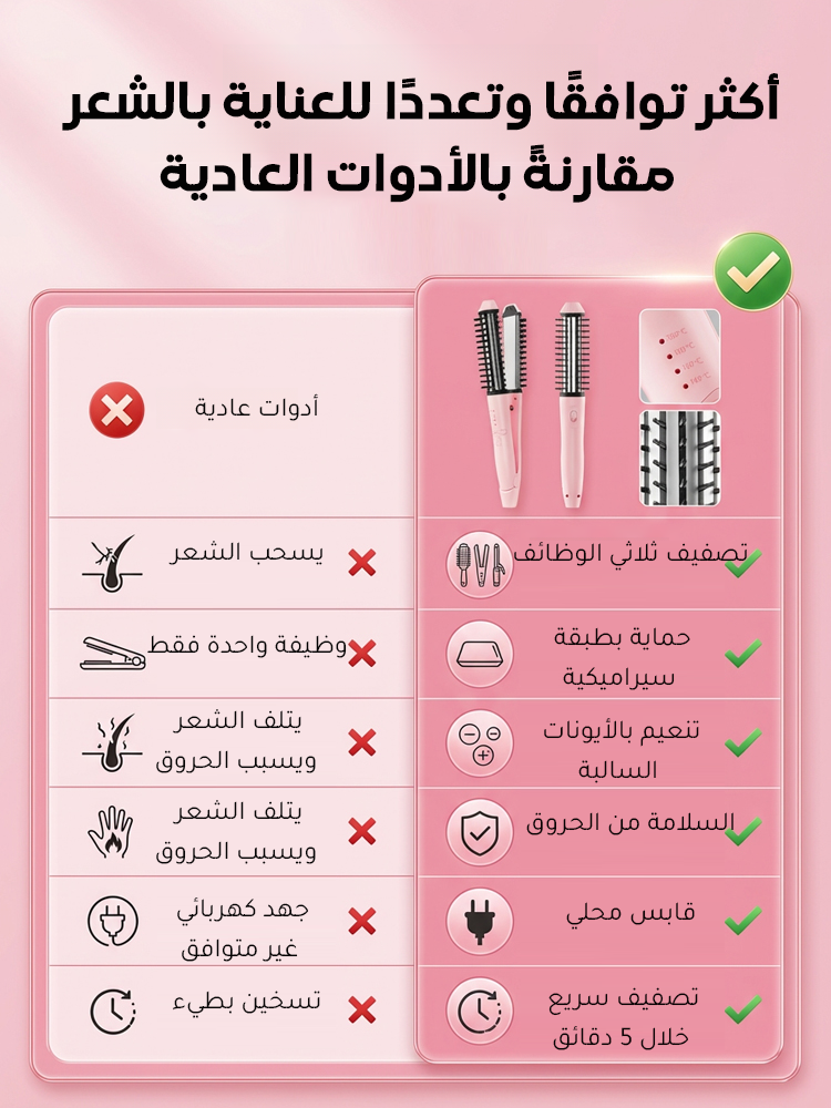 مكواة شعر متعددة الوظائف: تجفف الشعر بسرعة، تمنح الشعر كثافة، وتستخدم كمشط لفرد الشعر وكـ مكواة لتجع