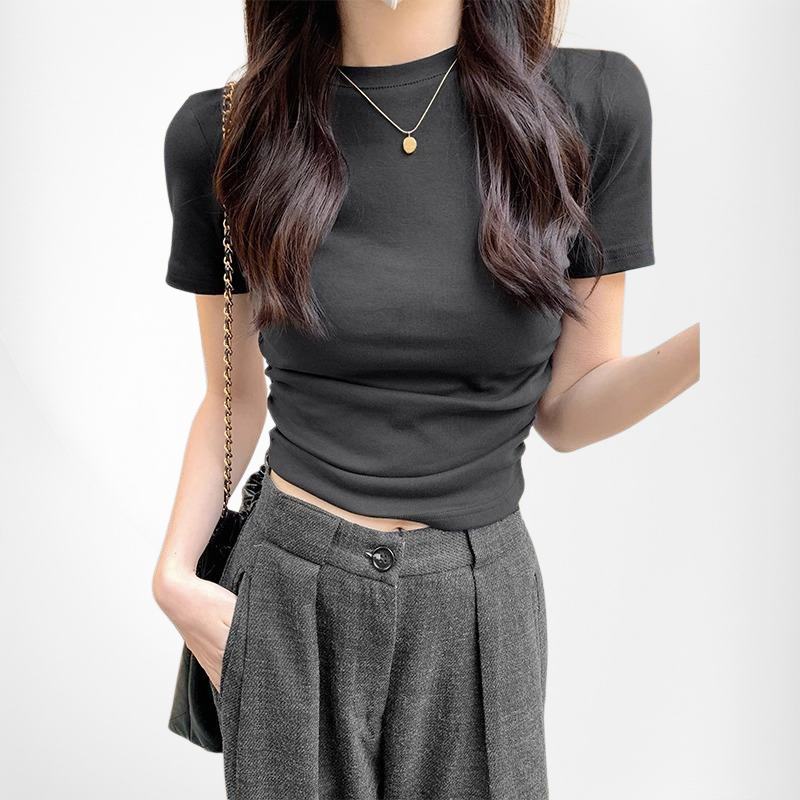 Unregelmäßiges enges Kurzarm-T-Shirt mit hohem Kragen für Frauen – Sommermode