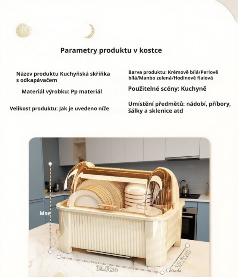 Čtyřúrovňový stojan na nádobí a příbory v interiéru kuchyně