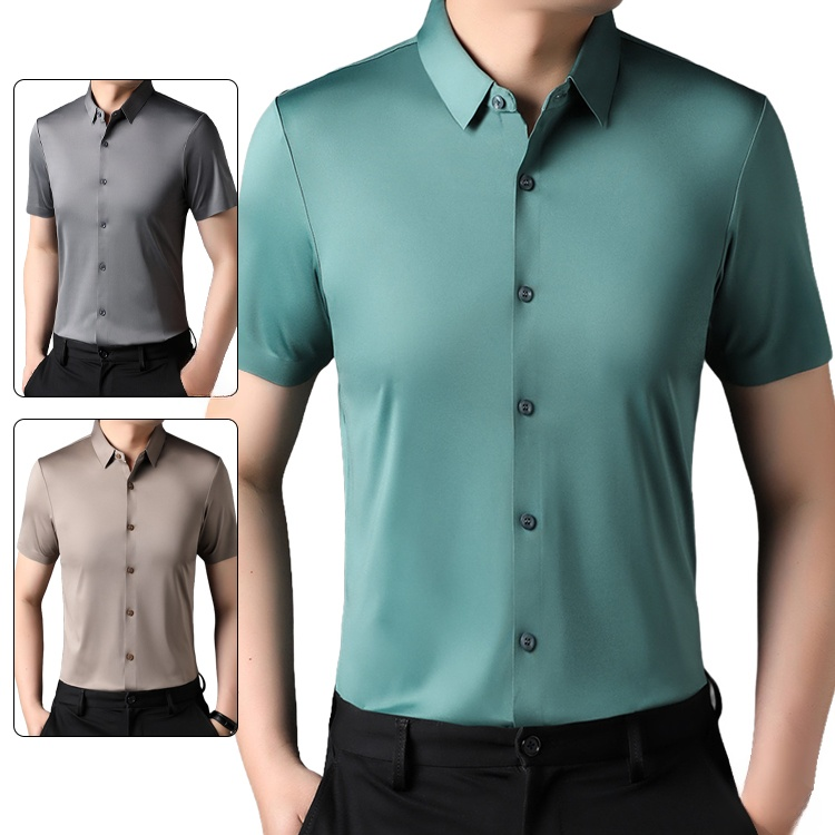 アイスシルク シワになりにくい半袖シャツ メンズ、 ビジカジ系ドレープ感冷感シャツ、 夏用 薄手 中年男性向け  