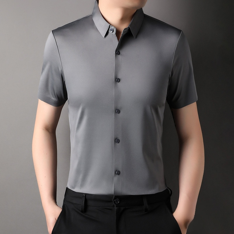 アイスシルク シワになりにくい半袖シャツ メンズ、 ビジカジ系ドレープ感冷感シャツ、 夏用 薄手 中年男性向け  