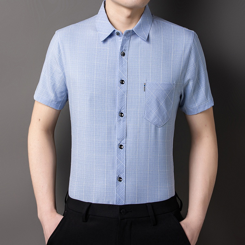 チェック柄綿麻メンズシャツ