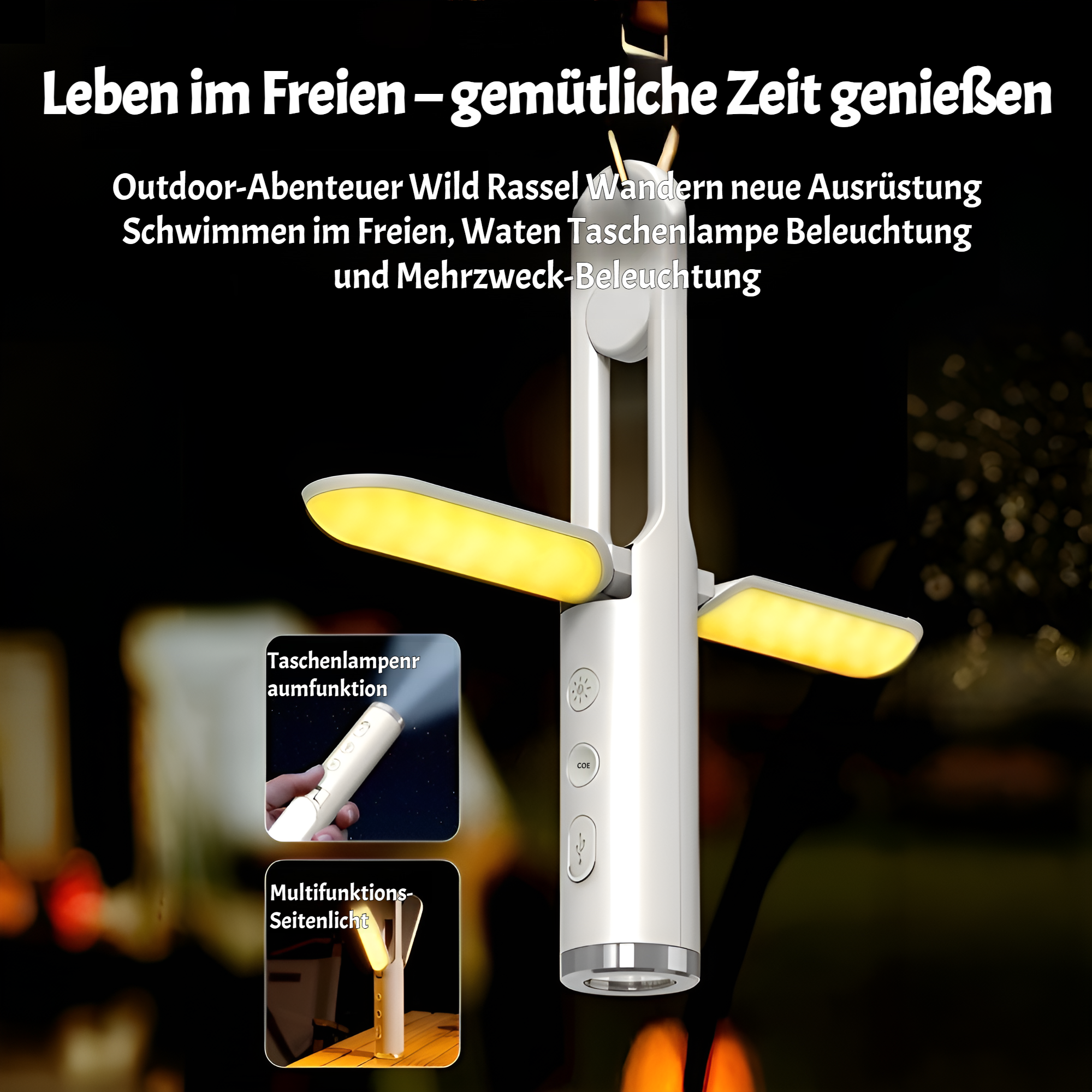 Faltbare Campingleuchte im Freien auf einem Campingplatz