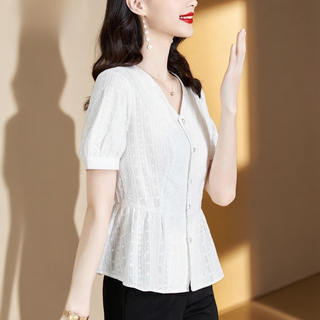 여름 신상 패셔너블하게 배를 가리는 중년 엄마 허리띠를 줄여 날씬해 보이는 블라우스녀