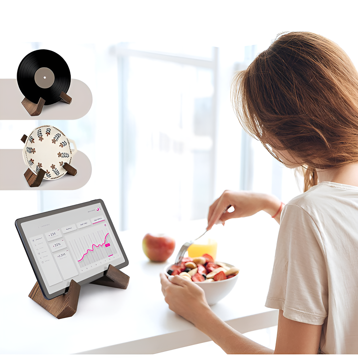 Sturdy wood iPad holder on a home office desk