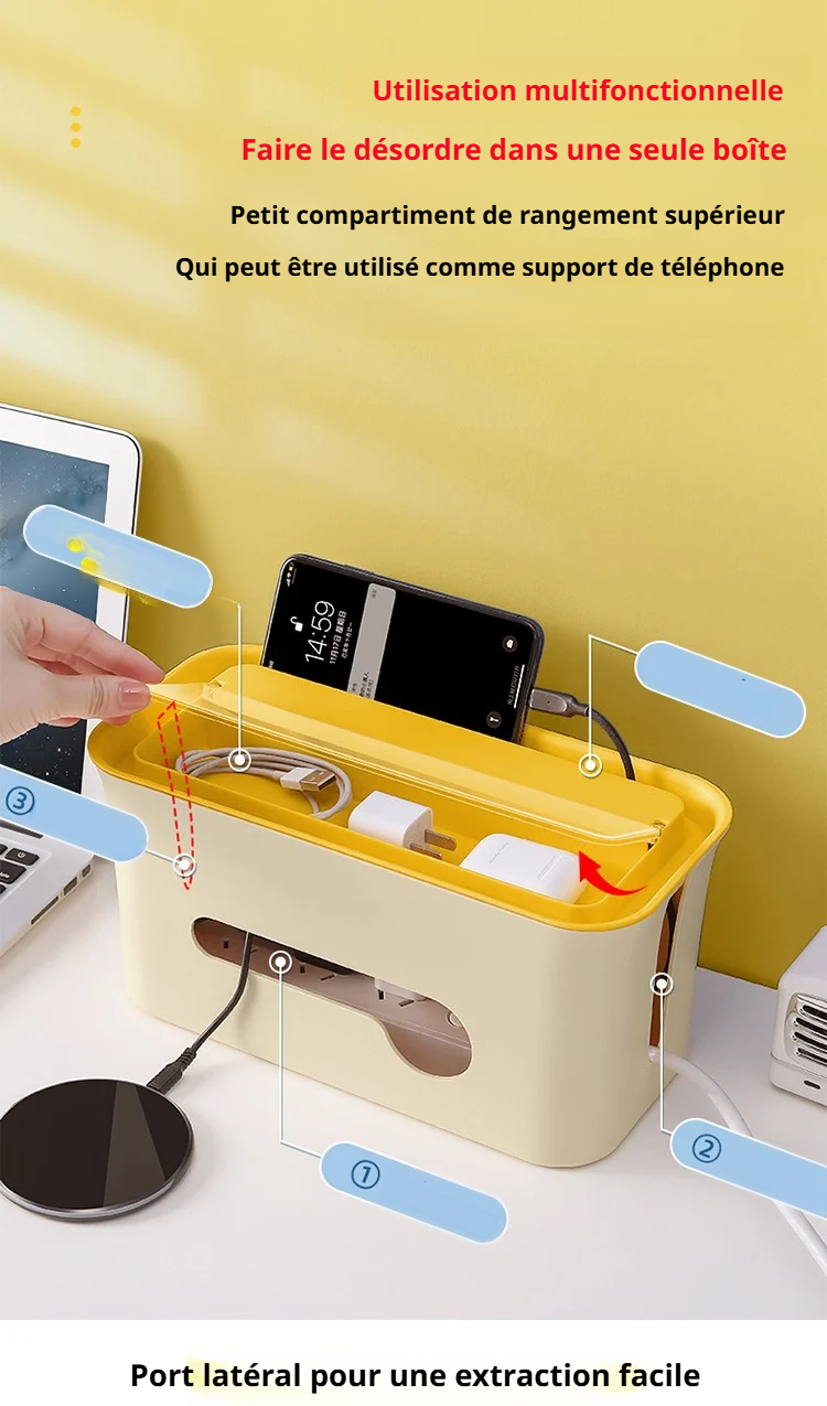 Boîte de rangement fermée dissimulant les multiprises et adaptateurs
