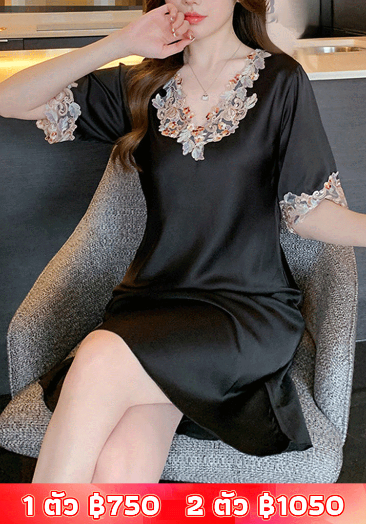 【สวยหรูเซ็กซี่】ชุดนอนเดรสผ้าไหมเย็น