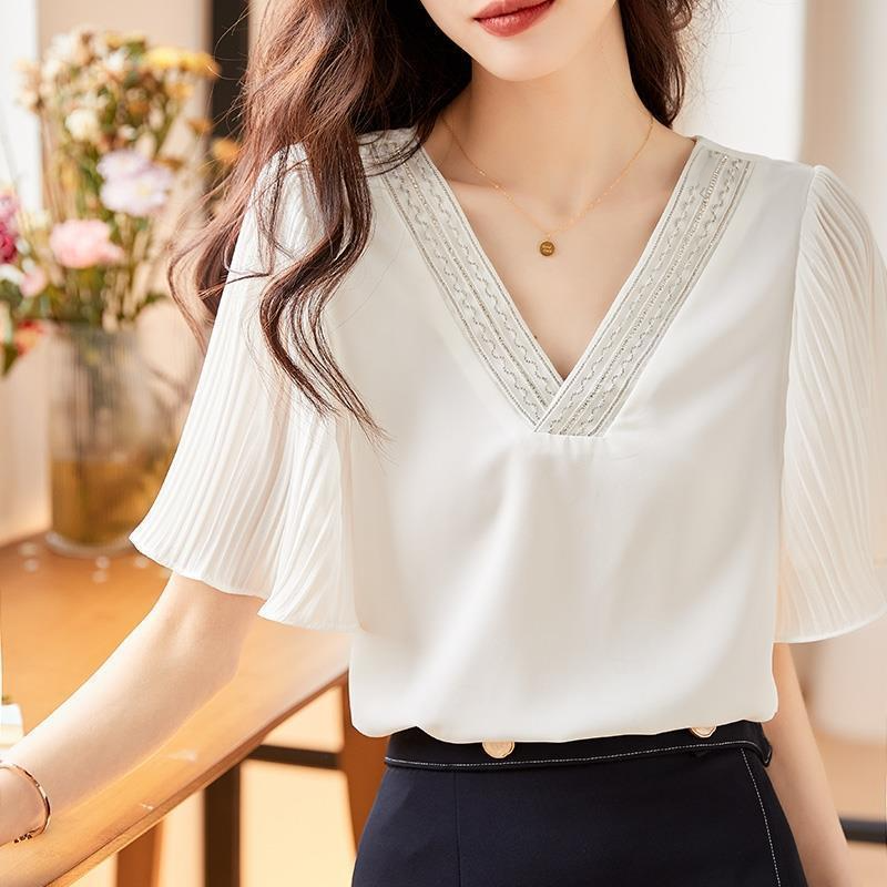 女性用ゆったり半袖シャツ お腹隠しホワイトブラウス 春夏用トップス