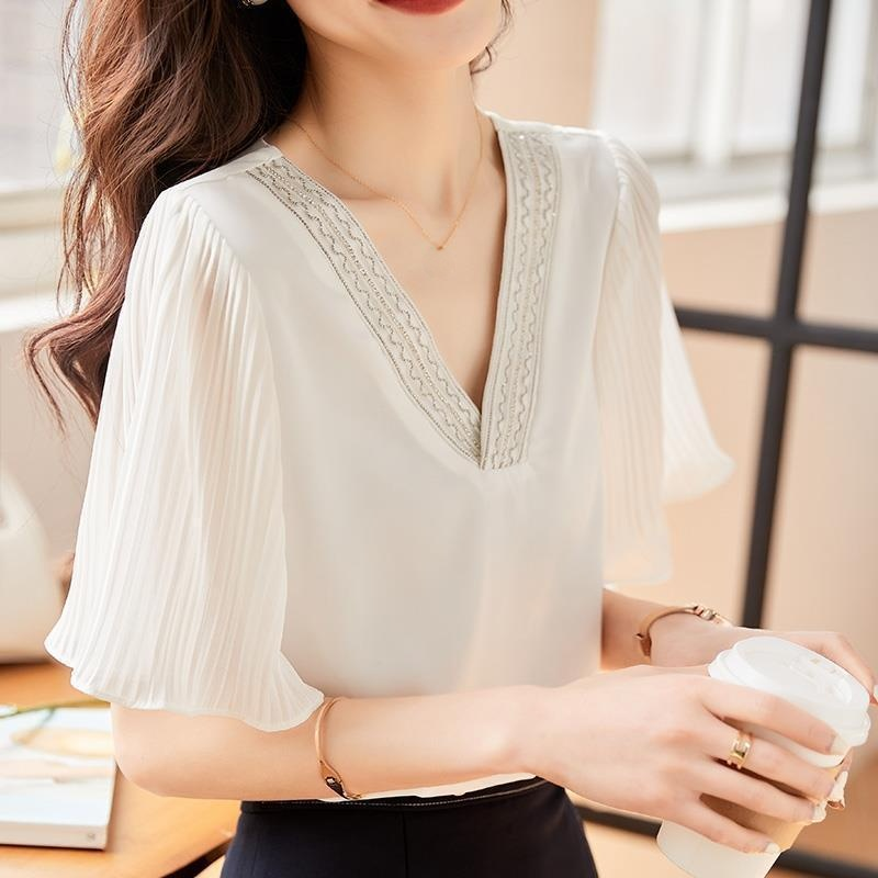 여성 여름 반팔 상의 배 가리는 반팔 화이트 셔츠 봄옷 블라우스 반팔 상의